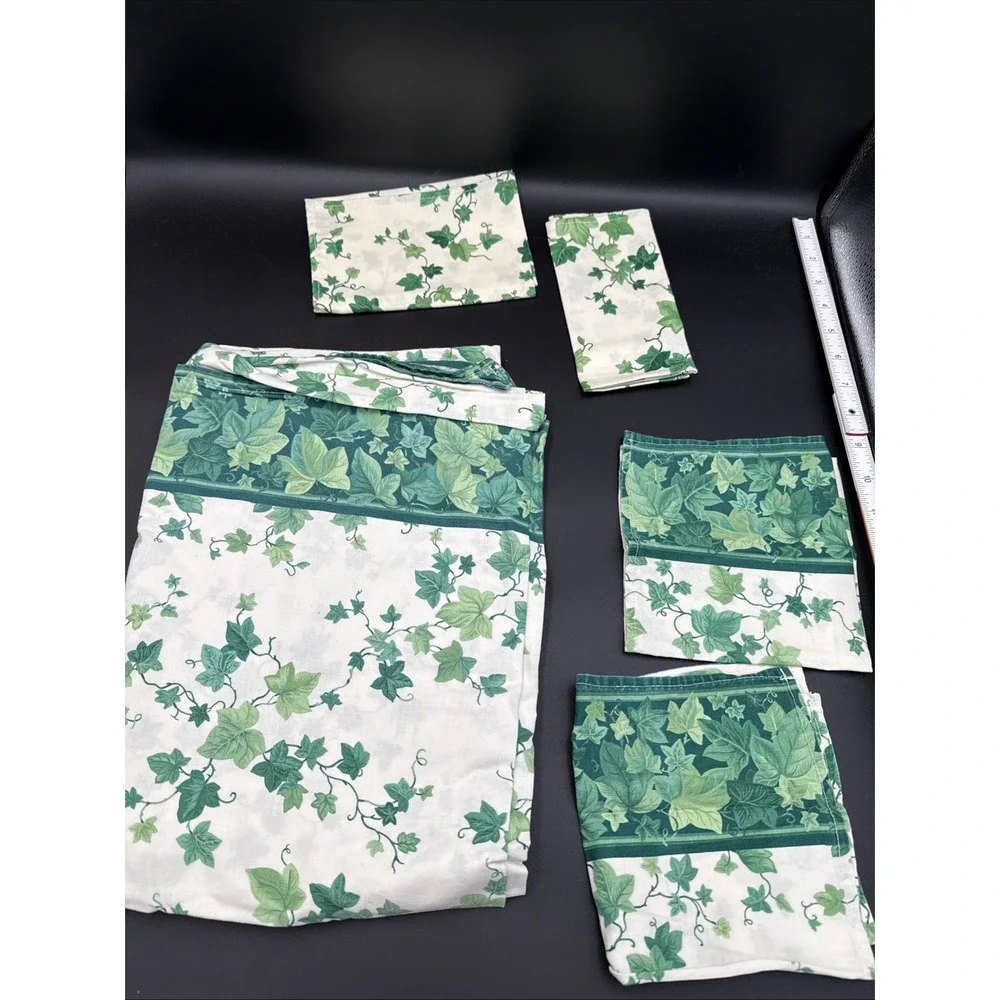 Vintage Tablecloth Repurposed From Twin Sheet, Napkins, Green Ivy